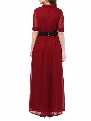maroon solid belted maxi dress - 14531454 - Standard Image - 3