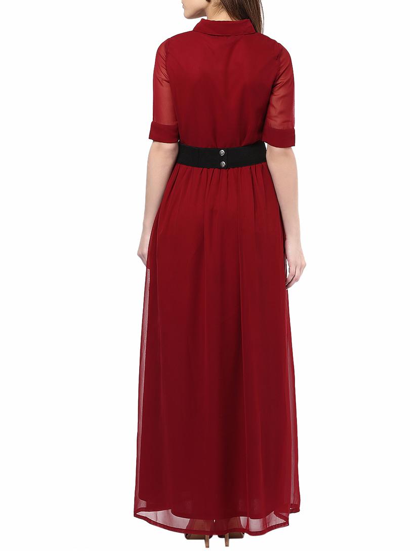 maroon solid belted maxi dress - 14531454 - Zoom Image - 3