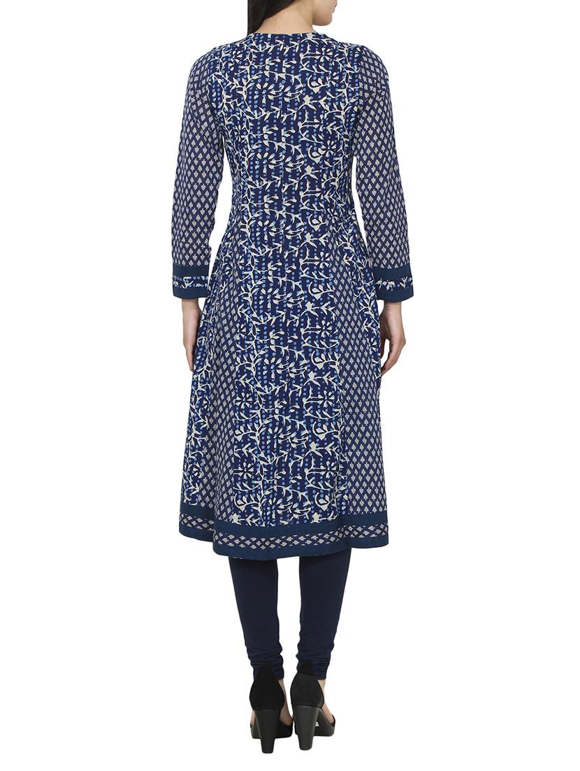 blue cotton a-line indigo kurta - 14532002 - Zoom Image - 3