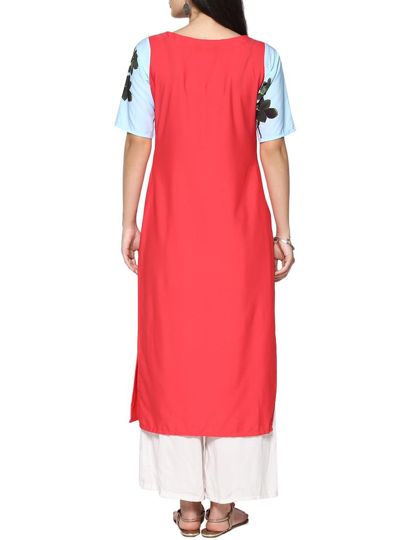 coral red crepe straight kurta - 14536824 - Zoom Image - 3