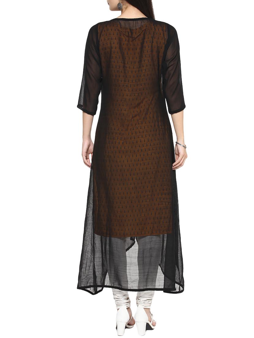 black & mustard crepe layered kurta - 14536829 - Zoom Image - 3