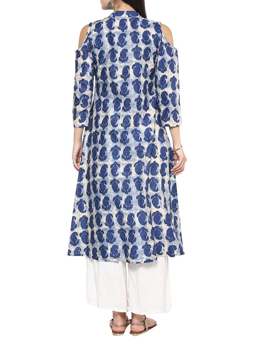blue cotton A-line kurta - 14536860 - Zoom Image - 3