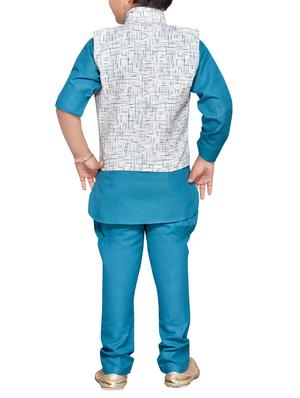 blue cotton blend kurta set and waistcoat - 14537653 - Standard Image - 3