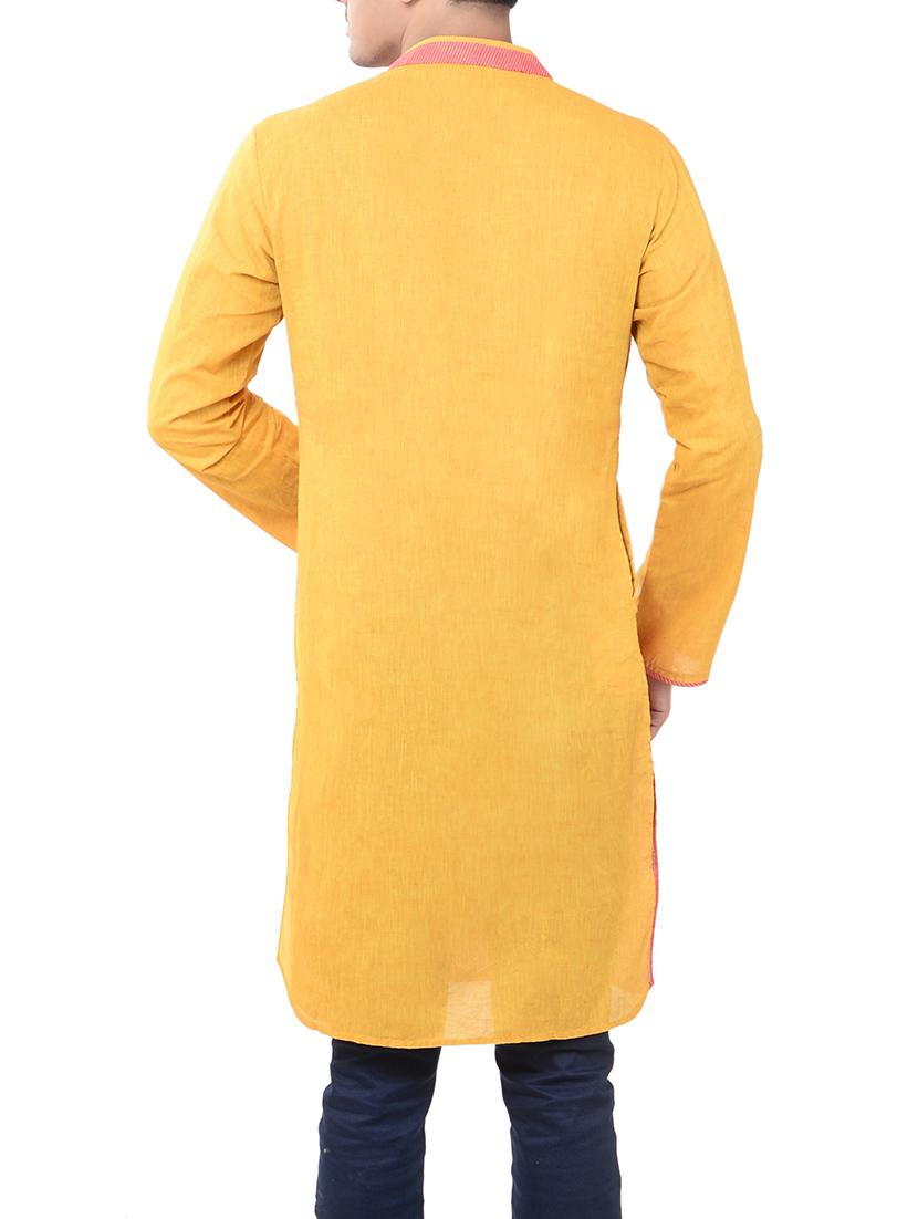 yellow cotton long kurta - 14544007 - Zoom Image - 3