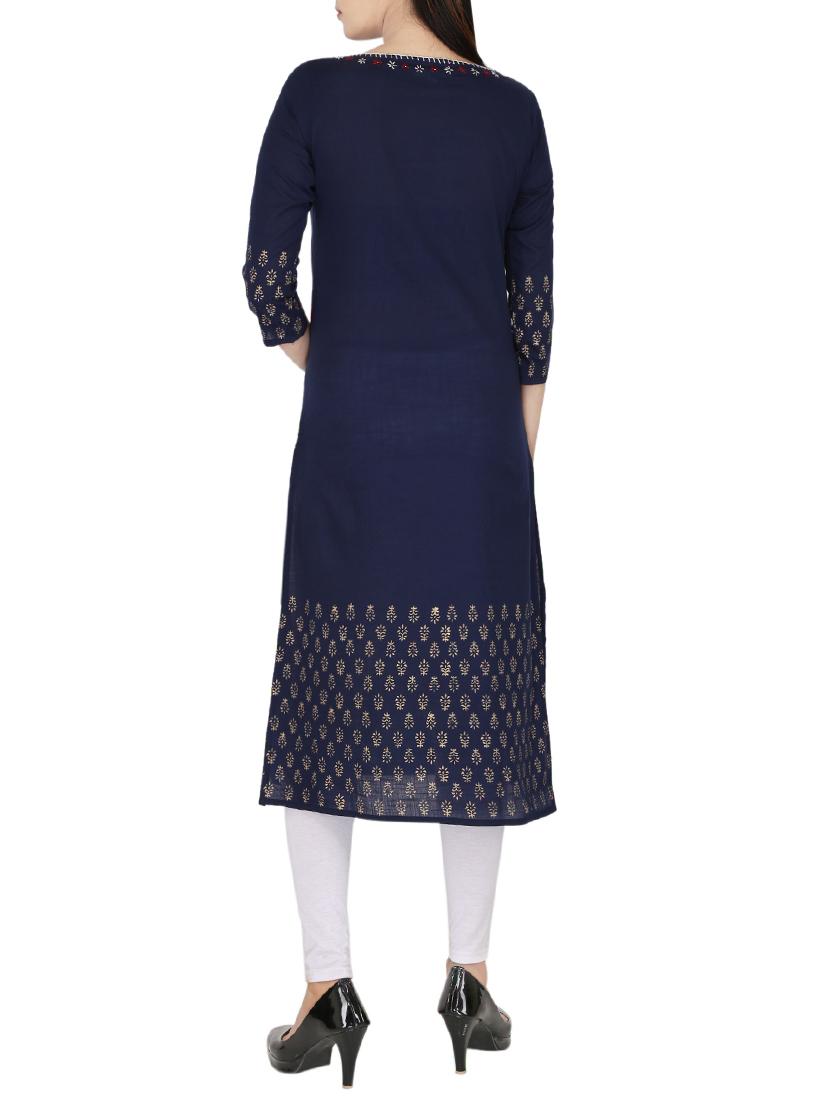 blue cotton straight kurta - 14547351 - Zoom Image - 3