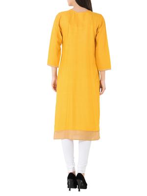 mustard cotton embroidered straight kurta - 14549285 - Standard Image - 3