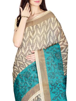 beige & turquoise printed saree with blouse - 14555251 - Standard Image - 3