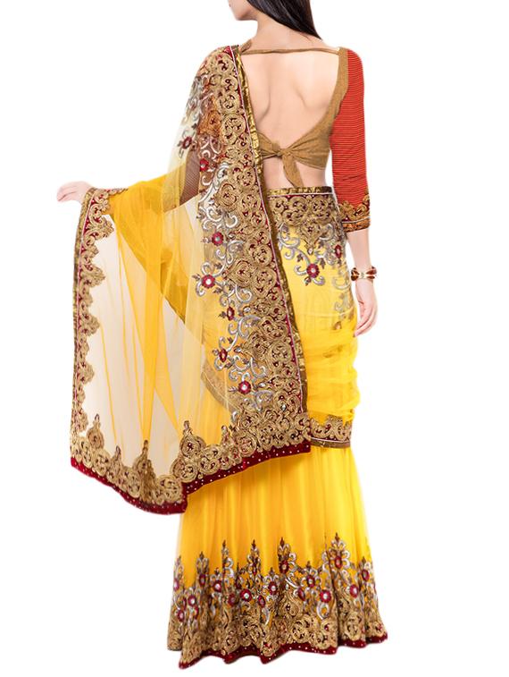 yellow net embroidered lehenga saree with blouse - 14564916 - Zoom Image - 3