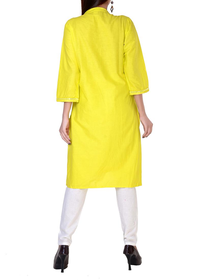 yellow cotton straight solid kurta - 14572085 - Zoom Image - 3