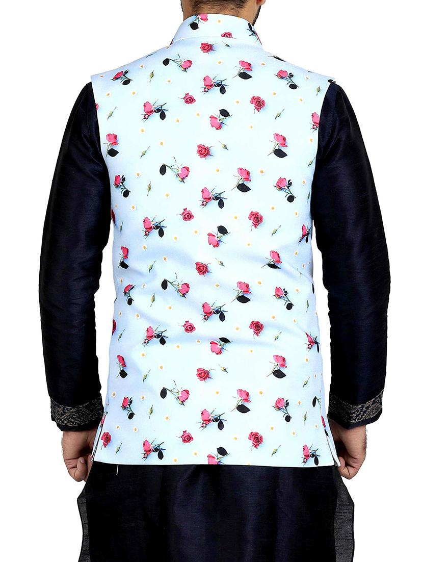 aqua blue cotton blend nehru jacket - 14574581 - Zoom Image - 3