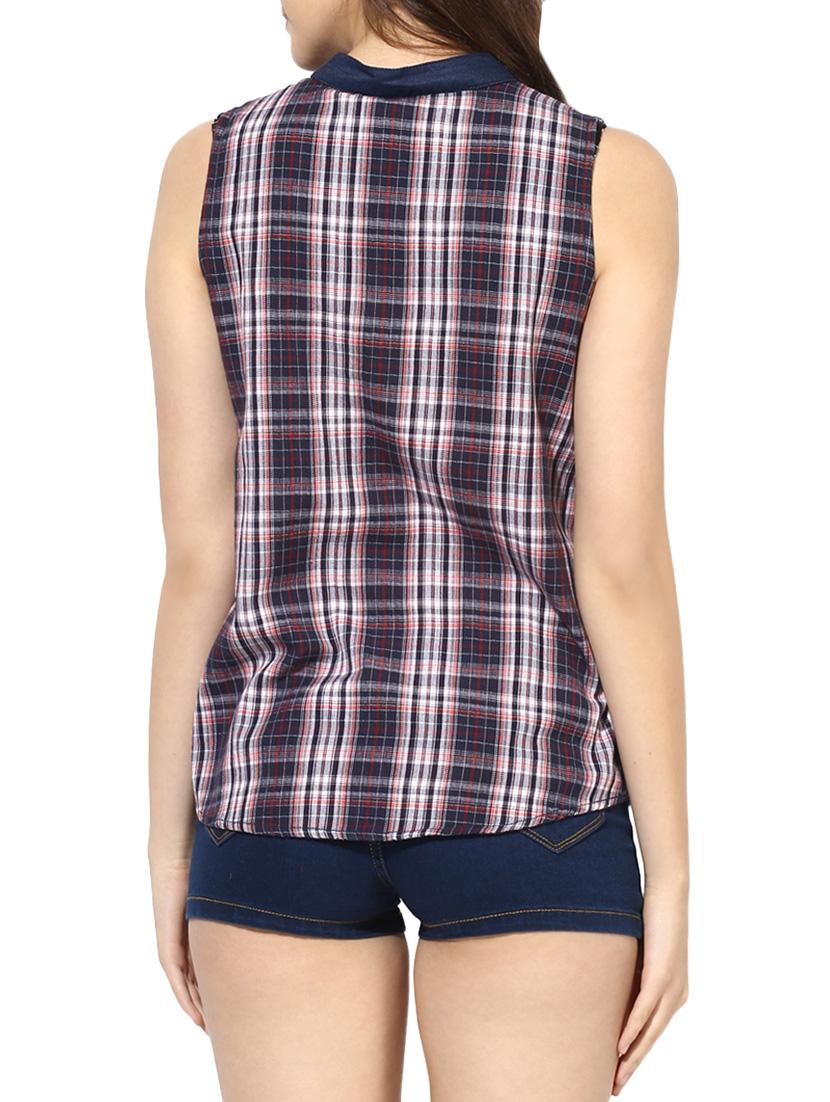 blue Sleeveless Plaid Shirt - 14590604 - Zoom Image - 3