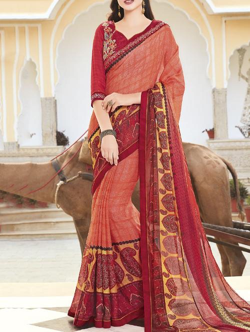 pink georgette printed saree with blouse - 14602170 - Very Small Image - 1