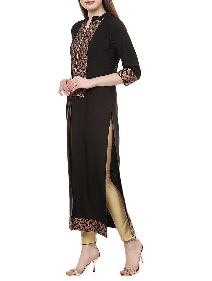 black crepe straight kurta - 14604783 - Zoom Image - 3