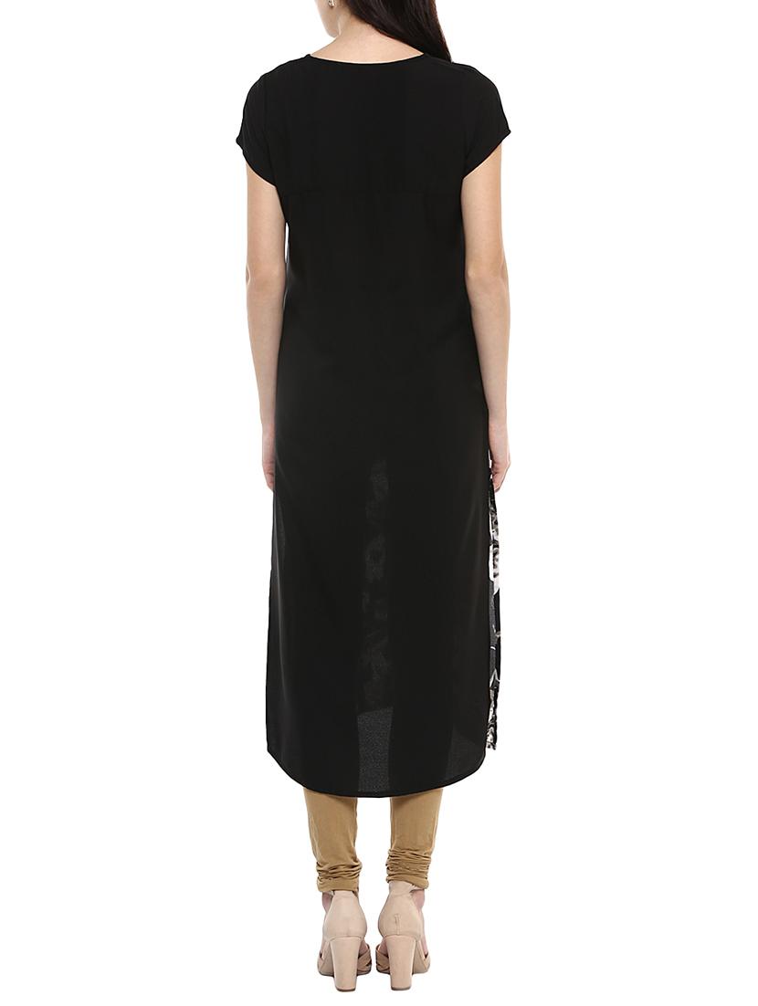 black poly crepe straight kurta - 14607945 - Zoom Image - 3