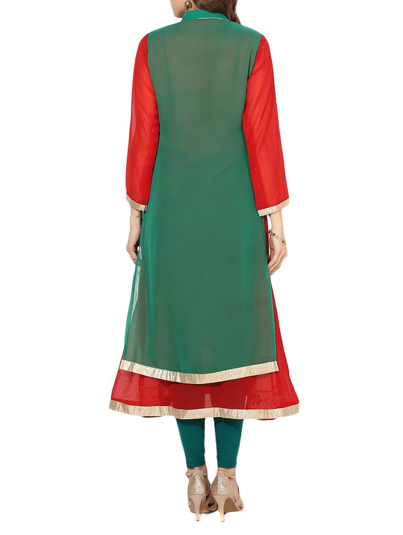 green georgette layered kurta - 14610780 - Zoom Image - 3