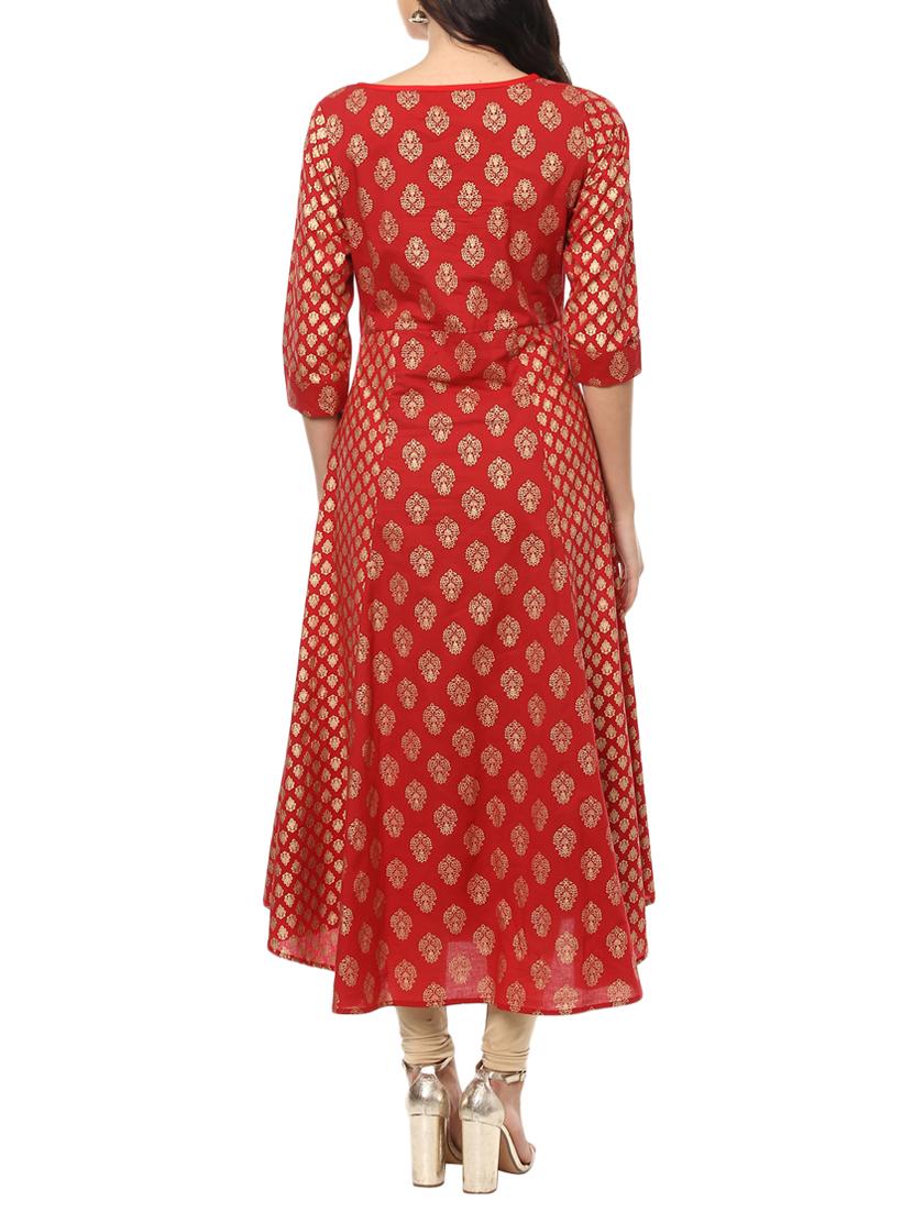 red cotton flared kurta - 14637992 - Zoom Image - 3