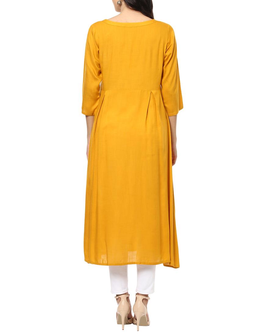 yellow rayon flared kurta - 14638050 - Zoom Image - 3