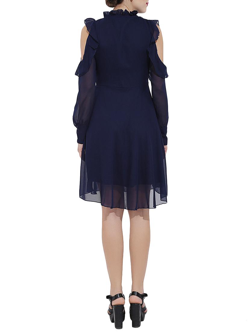 tie up mock neck flared dress - 14639596 - Zoom Image - 3