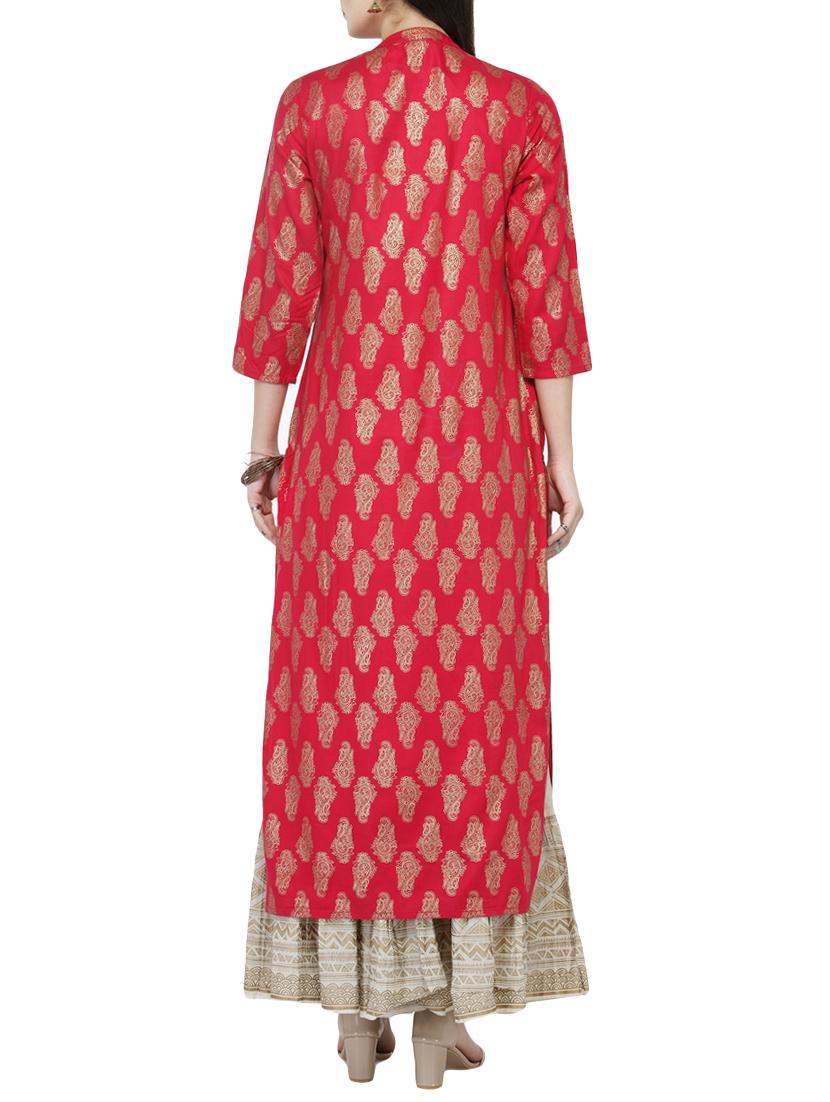 red rayon printed straight kurta - 14646583 - Zoom Image - 3