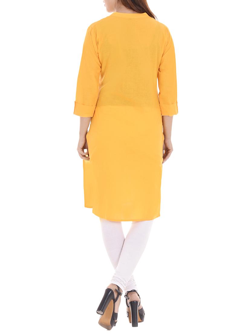 yellow cotton straight kurta - 14717060 - Zoom Image - 3