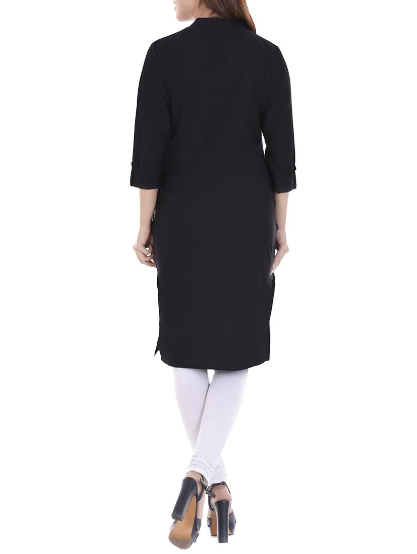 black cotton straight kurta - 14717065 - Zoom Image - 3