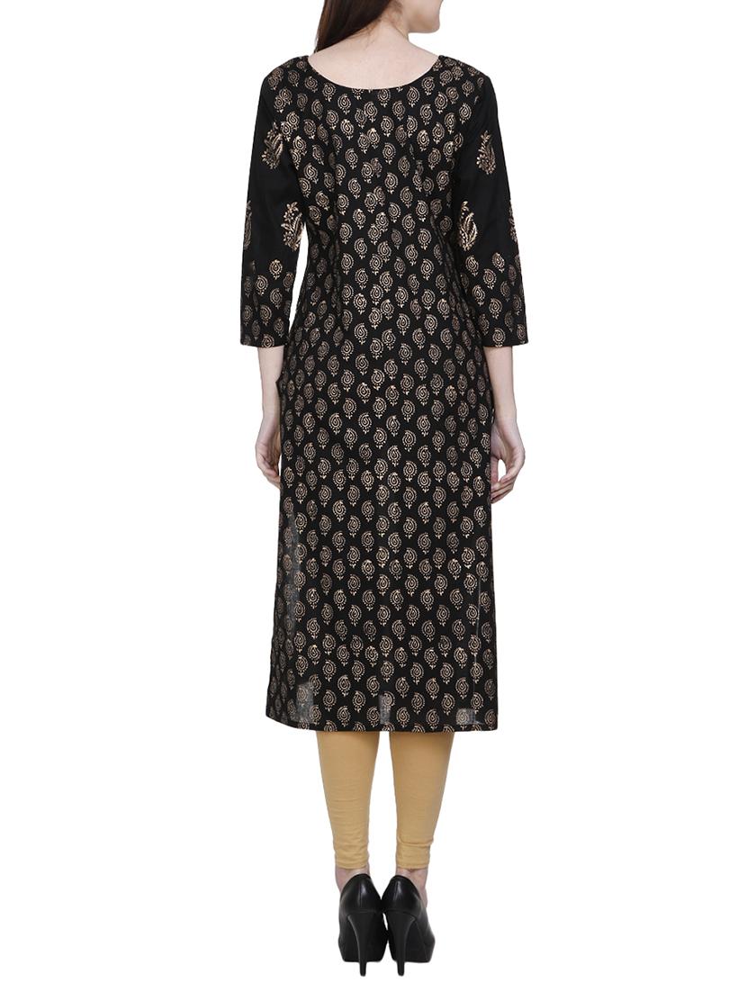 black cotton straight kurta - 14720366 - Zoom Image - 3