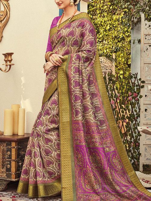 purple silk blend printed saree with blouse - 14755516 - Very Small Image - 1