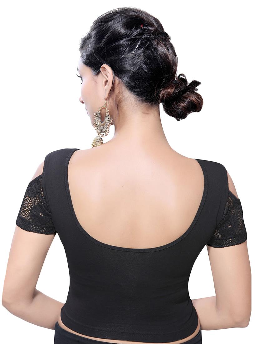 Black cotton lycra solid blouse - 14781955 - Zoom Image - 3