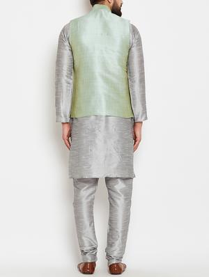 grey and light green dupion ethnic wear set - 14794187 - Standard Image - 3