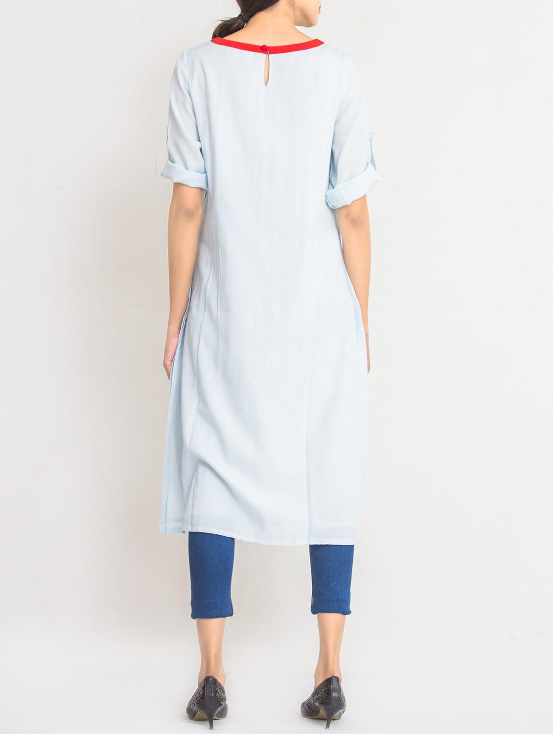 sky blue viscose straight kurta - 14816778 - Zoom Image - 3