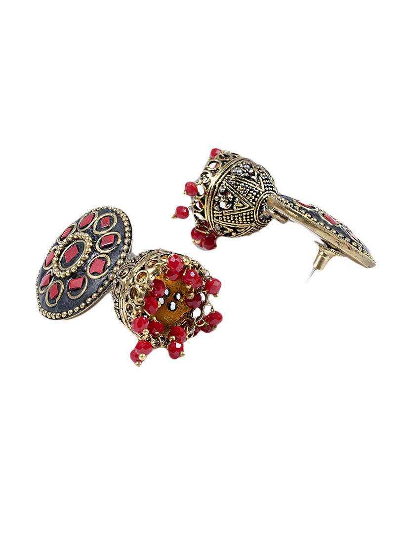 red brass jhumka earrings - 14868356 - Zoom Image - 3