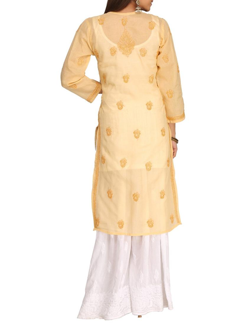 ada beige cotton straight kurta - 14887140 - Zoom Image - 3