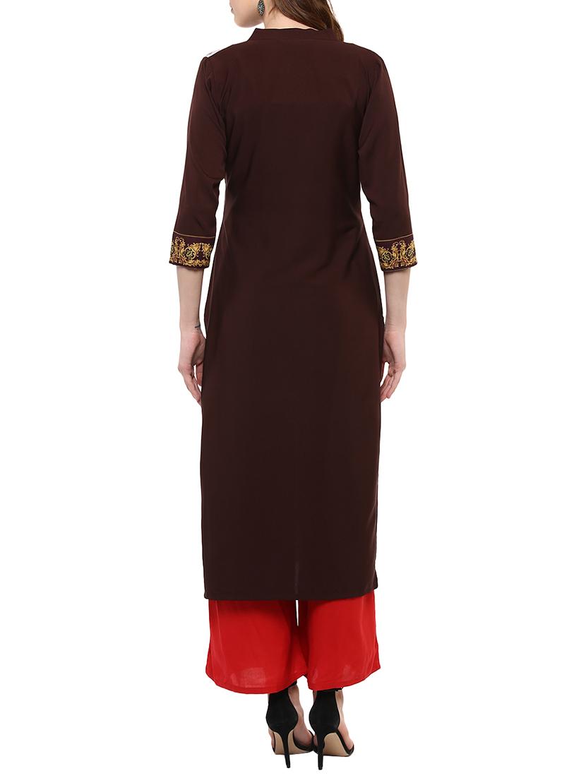 maroon crepe straight kurta - 14895059 - Zoom Image - 3