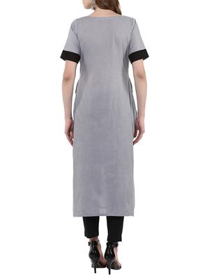 grey cotton straight kurta - 14895100 - Standard Image - 3