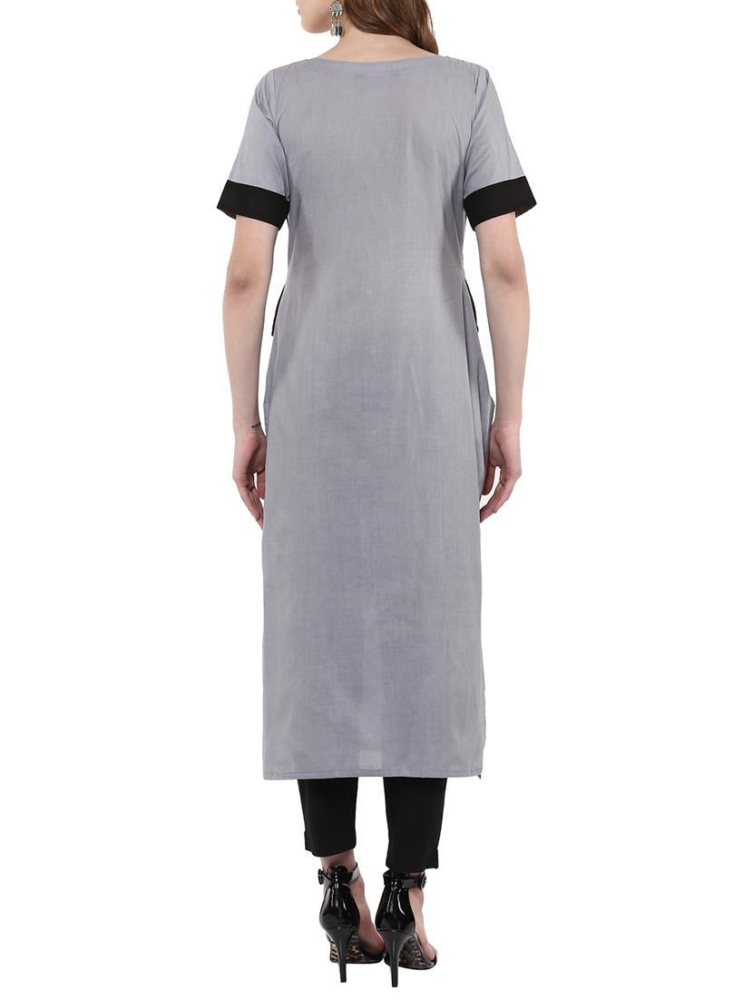 grey cotton straight kurta - 14895100 - Zoom Image - 3