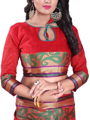 red silk blend chanderi saree with blouse - 14896721 - Standard Image - 3