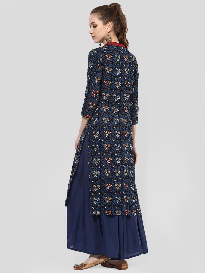 Indian Dobby blue cotton straight indigo kurta - 14901695 - Zoom Image - 3