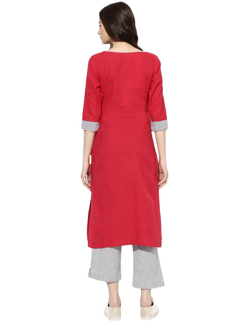 red cotton straight kurta - 14901709 - Zoom Image - 3