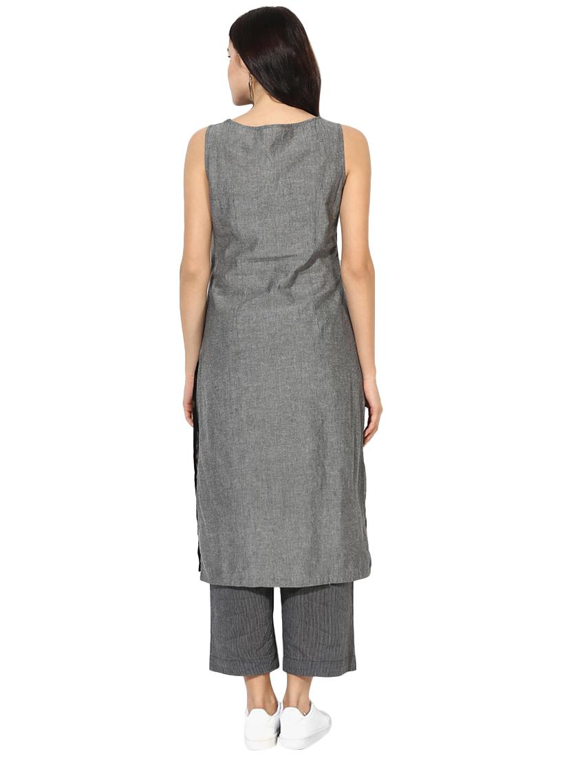 Indian Dobby grey cotton straight kurta - 14901717 - Zoom Image - 3