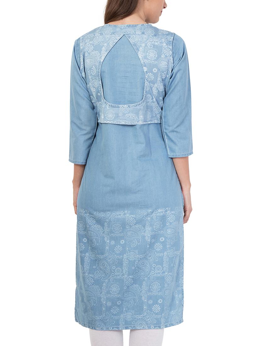 denim straight kurta with jacket - 14904262 - Zoom Image - 3