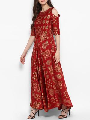 Gold foil print cold sleeves flared kurta - 14905944 - Standard Image - 3