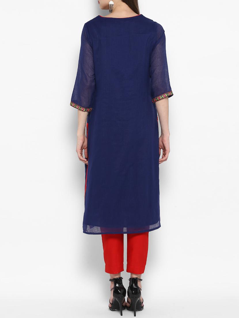 blue cotton straight kurta - 14905952 - Zoom Image - 3