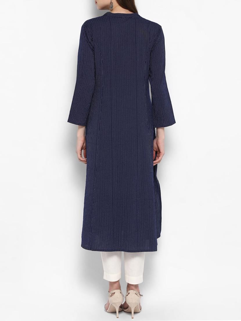 blue cotton straight kurta - 14905972 - Zoom Image - 3