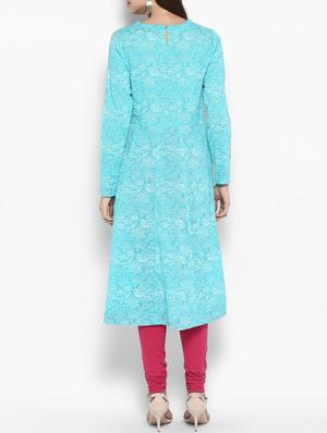 turquoise cotton anarkali kurta - 14905989 - Standard Image - 3