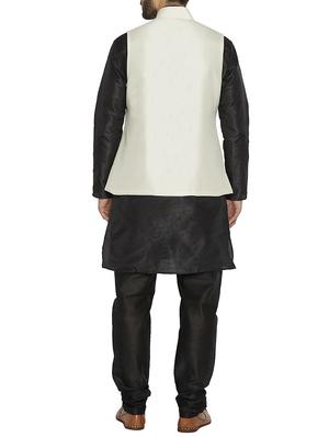 black dupion kurta pyjama set with white nehru jacket - 14909072 - Standard Image - 3