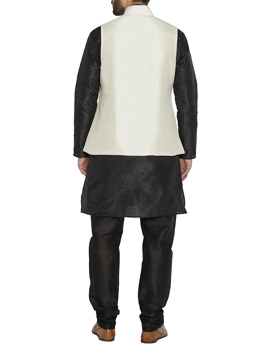 black dupion kurta pyjama set with white nehru jacket - 14909072 - Zoom Image - 3