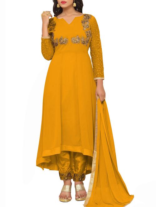 embroidered semi-stitched asymmetric suit - 14912446 - Standard Image - 1