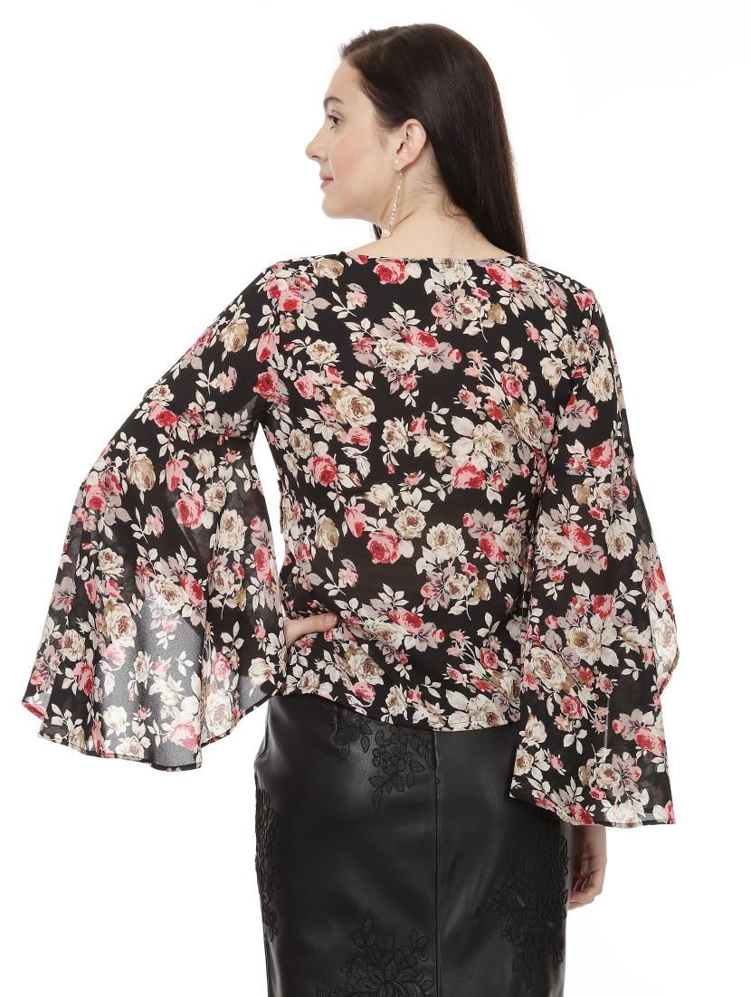 flared sleeved floral wrap top - 14923848 - Zoom Image - 3