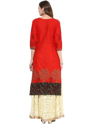 red cotton straight kurta - 14924546 - Standard Image - 3