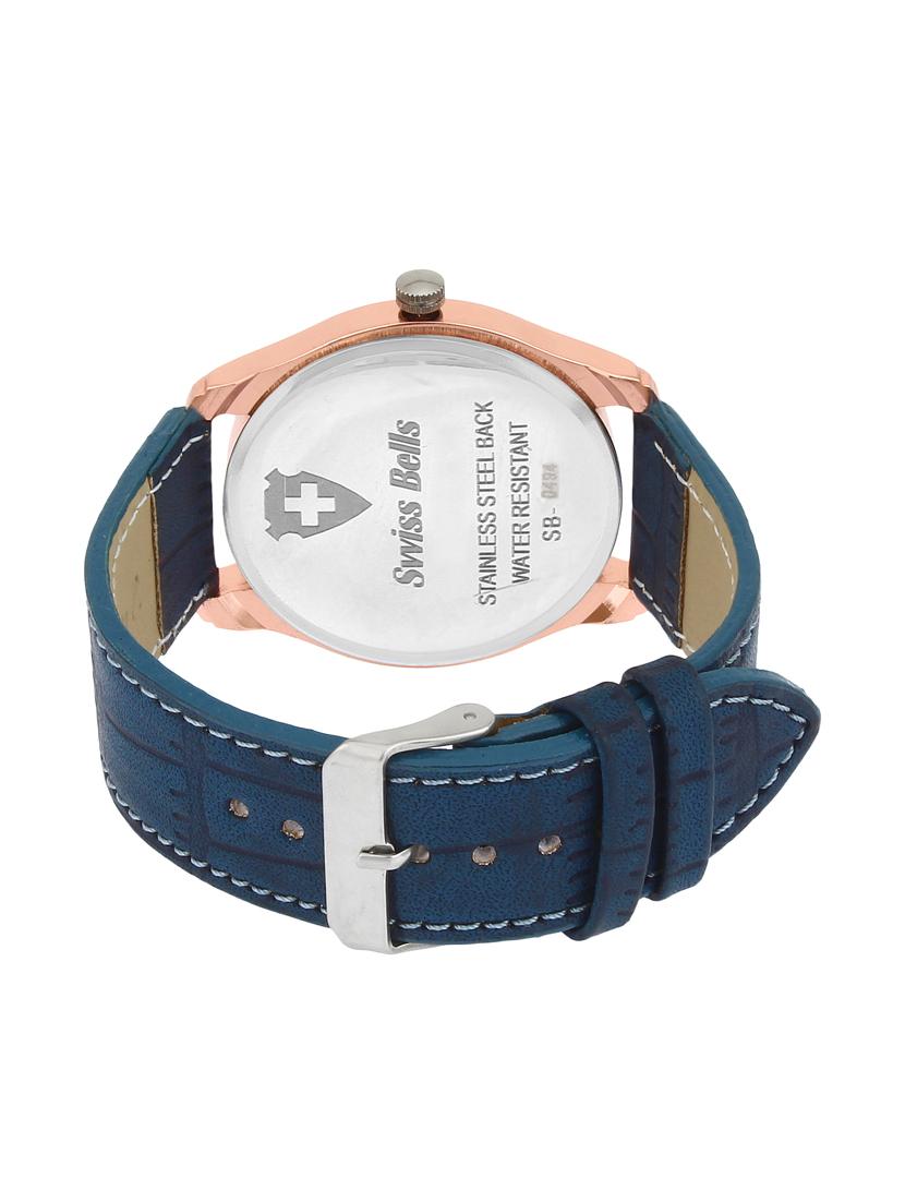 Golden Bell Blue Dial Blue Leather Strap Analog Wrist Watch - 14925960 - Zoom Image - 3